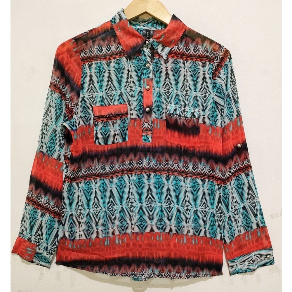 Vibrant Women's Red and Blue Patterned Blouse
